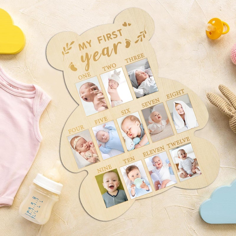 FLhdM My First Year Photo Frame Board, 1st Birthday Girl Boy Gifts, Newborn Newmom Gift, 1 Year Old Girls Gifts, One Year Birthday Party Decorations, Baby Shower Baptism Favors, 12 Months Milestone - Image 2